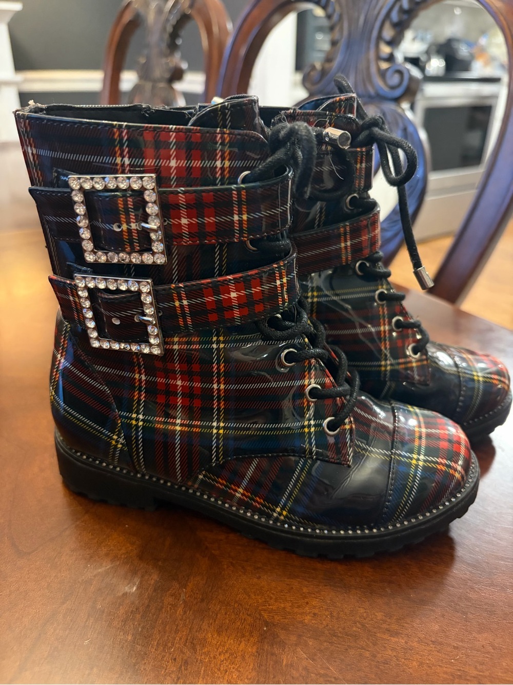 GB Girls Plaid Combat Boots with Rhinestone Buckles - Red/Black